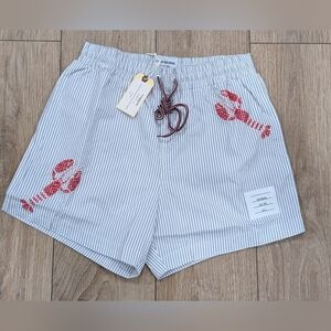 $950 Mens THOM BROWNE Lobster Seersucker Swim Shorts Trunks Grey 0 - XS